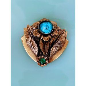 Antique Brass Flower Fur Clip Blue Rhinestone